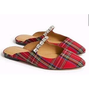 J. Crew Tartan Rhinestone Mules Red Black Multi Open Heel Slip On Flat Size 6.5